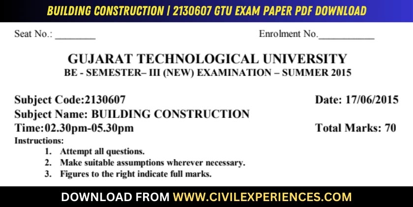 DOWNLOAD BE 3rd SEM Building Construction GTU Paper 2130607 SUMMER 2015 ...